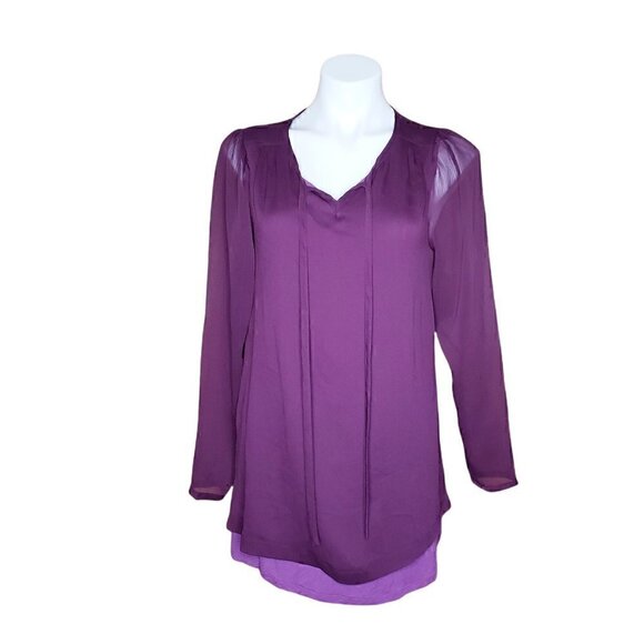 LOGO by Lori Goldstein plum chiffon tunic sheer sleeves V-neck Purple Blouse - Picture 2 of 5